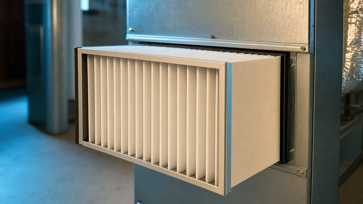 Pleated high-MERV media air filter installed in ductwork