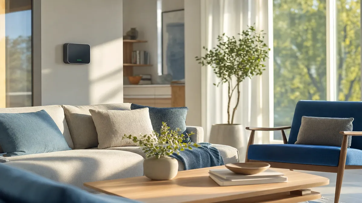 Bright clean living room with fresh air and a wall-mounted air quality monitor