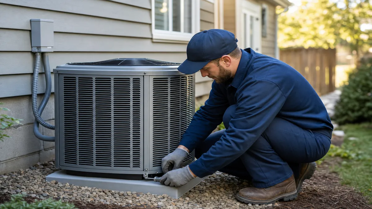 HVAC technician installing an outdoor condenser unit beside a home