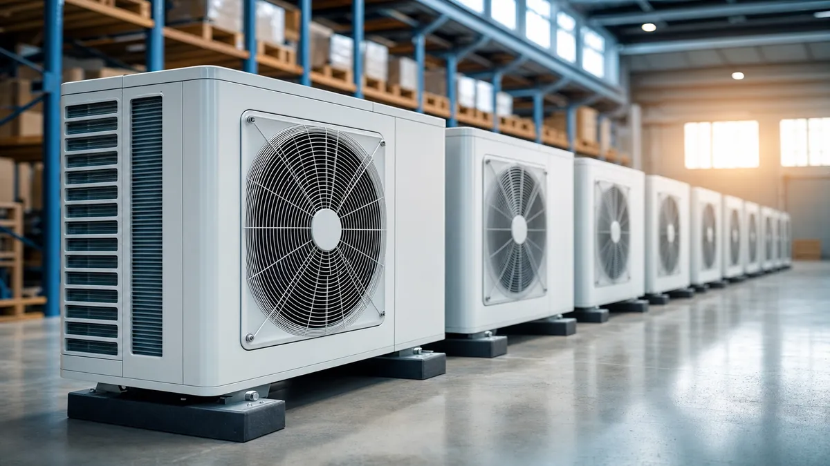 Row of new HVAC condenser units in a warehouse